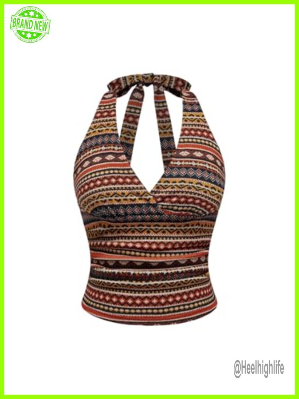 Y2K Boho Halter Crop Top Retro Tribal Print Tank Sleeveless Tie Back